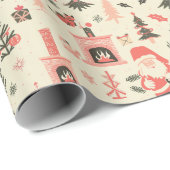 Papier Cadeau Motif De Noël Avec Cheminée, Arbres, & Père Noël (Coin rond)