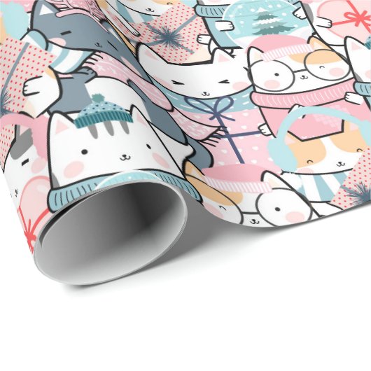 Papier Cadeau Motif de Noël avec des chats drôles et adorables, (Coin rond)