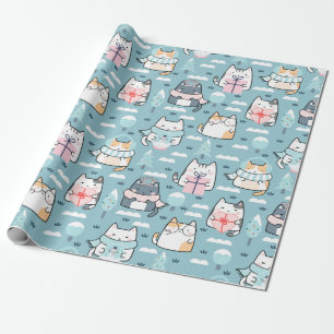 Papier Cadeau Motif de Noël avec des chats drôles et des boules