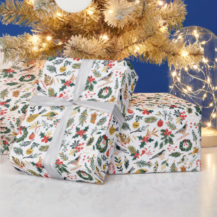 Papier Cadeau Motif de Noël avec oiseaux, couronnes et bonbons