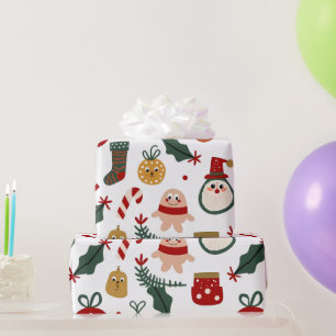 Papier Cadeau Motif de Noël avec Père Noël, pain d'épices