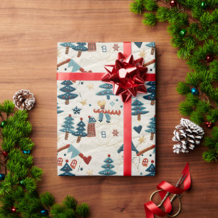 Papier Cadeau Motif De Noël Avec Un Snowman Et Des Arbres