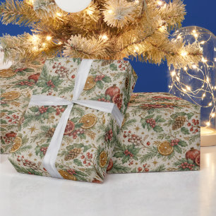 Papier Cadeau Motif de Noël botanique vintage à la crème et aux