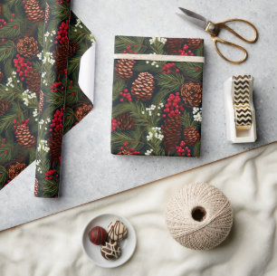 Papier Cadeau Motif de Noël branches Cônes de pin classiques Bai
