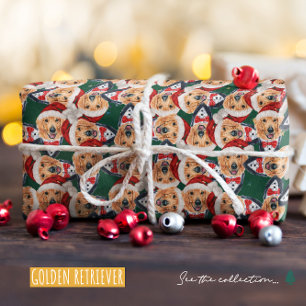 Papier Cadeau Motif de Noël Chapeau de Père Noël Retriever Doré