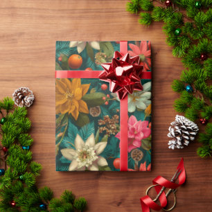 Papier Cadeau Motif de Noël Citron et Fleur d'Hiver Festif