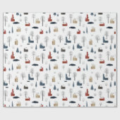 Papier Cadeau Motif de Noël de maisons, d'arbres, d'étang ou de  (Plat)