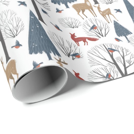 Papier Cadeau Motif De Noël Des Animaux En Forêt D'Hiver (Coin rond)