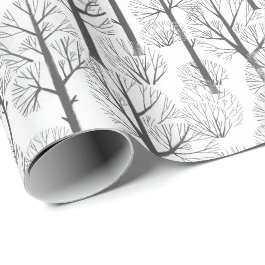 Papier Cadeau Motif De Noël Des Arbres Sans Feuilles En Hiver (Coin rond)
