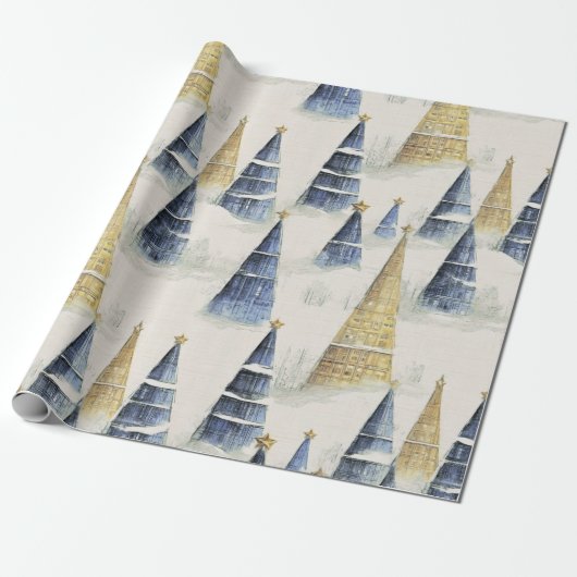 Papier Cadeau Motif de Noël en or bleu #8 ID1009 (Déroulé)