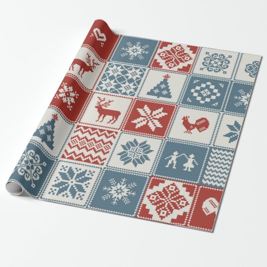 Papier Cadeau Motif de Noël en patchwork. Traditionel (Déroulé)