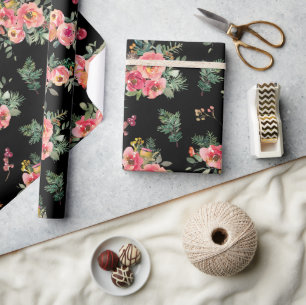 Papier Cadeau Motif de Noël Floral Noir   Vacances botaniques