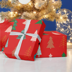Papier Cadeau Motif de Noël moderne rouge vert arbres chic
