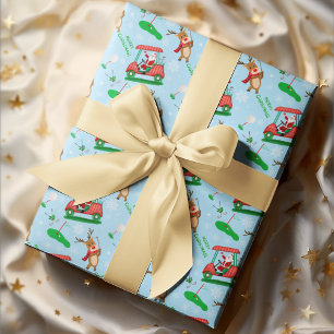 Papier Cadeau Motif de Noël : Père Noël jouant au golf avec des