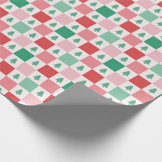 Papier Cadeau Motif de Noël Retro Checkers - Rouge Rose Vert (Coin)