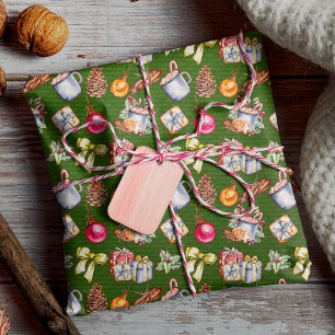 Papier Cadeau Motif de Noël rétro rétro vert