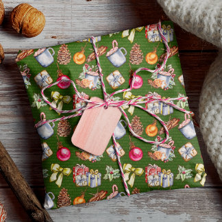 Papier Cadeau Motif de Noël rétro rétro vert