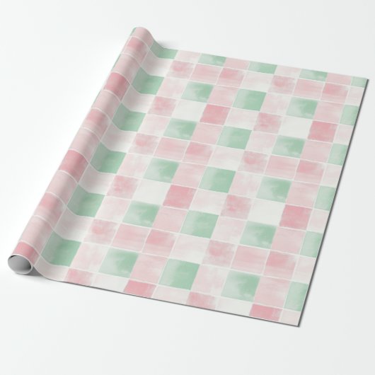 Papier Cadeau Motif de Noël Rétro Rose Vert (Déroulé)
