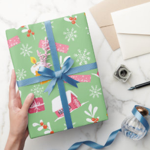 Papier Cadeau Motif de Noël rose avec Arrière - plan vert