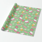 Papier Cadeau Motif de Noël rose avec Arrière - plan vert (Déroulé)