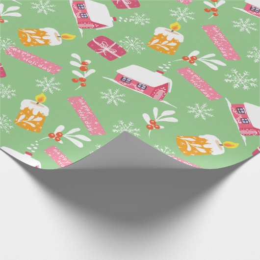 Papier Cadeau Motif de Noël rose avec Arrière - plan vert (Coin)