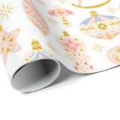 Papier Cadeau Motif de Noël rose Bauble et Rocse (Coin rond)