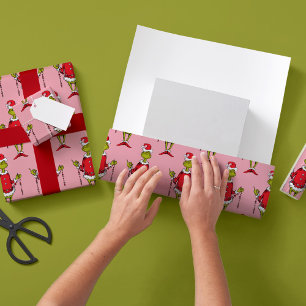 Papier Cadeau Motif de Noël rose Grinch vintage