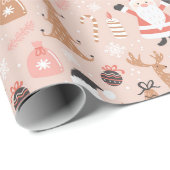 Papier Cadeau Motif de Noël rose mignon avec Père Noël (Coin rond)