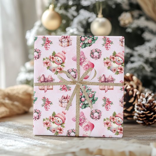Papier Cadeau Motif de Noël rose mignon - Vacances Whimsical