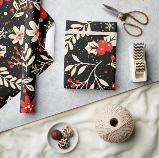 Papier Cadeau Motif de Noël Rouge Feuillage Blanc (Artisanat)