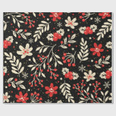 Papier Cadeau Motif de Noël Rouge Feuillage Blanc (Plat)