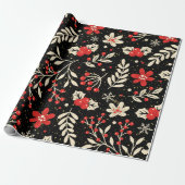 Papier Cadeau Motif de Noël Rouge Feuillage Blanc (Déroulé)