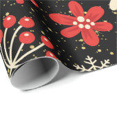 Papier Cadeau Motif de Noël Rouge Feuillage Blanc (Coin rond)