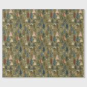 Papier Cadeau Motif de Noël vert olive avec arbres, neige (Plat)