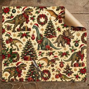 Papier Cadeau Motif de Noël vintage Dinosaure Vacances T-Rex
