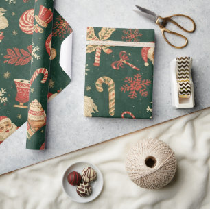 Papier Cadeau Motif de Noël vintage sur fond vert