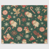 Papier Cadeau Motif de Noël vintage sur fond vert (Plat)