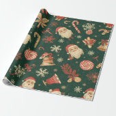 Papier Cadeau Motif de Noël vintage sur fond vert (Déroulé)