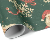 Papier Cadeau Motif de Noël vintage sur fond vert (Coin rond)