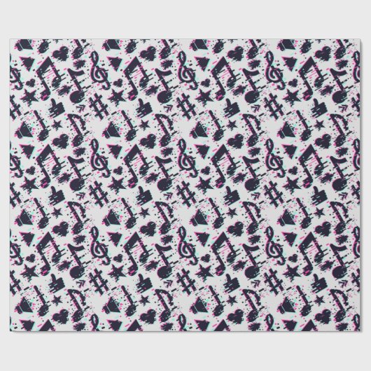 Papier Cadeau Motif de notes musicales et de coeurs déformés (Plat)