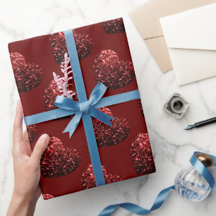 Papier Cadeau Motif de paillettes de coeur étincelles rouge fonc