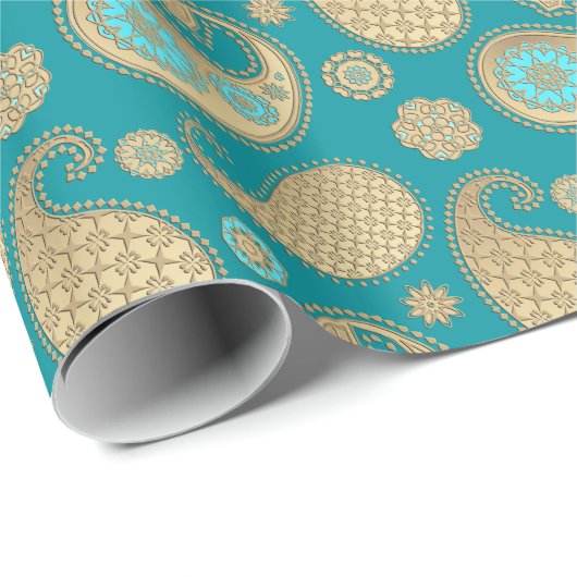 Papier Cadeau Motif de Paisley, or mol sur la turquoise (Coin rond)