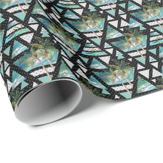 Papier Cadeau Motif de palmes et vagues géométriques Abstraits (Coin rond)