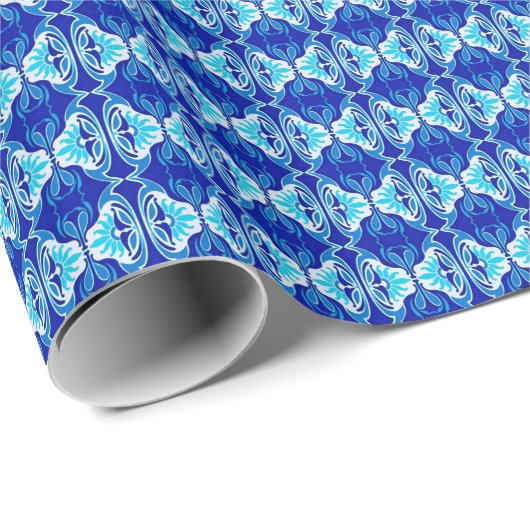 Papier Cadeau Motif de papier peint d'art déco - bleu et blanc (Coin rond)