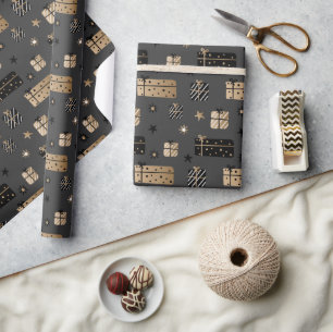 Papier Cadeau Motif de paquets de Noël scandinave en or noir