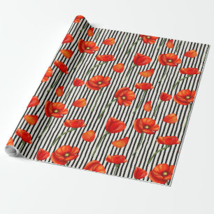 Papier Cadeau Motif de pavots et rayures