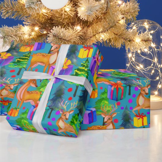 Papier Cadeau Motif de pin et cerf de Noël (Vacances)