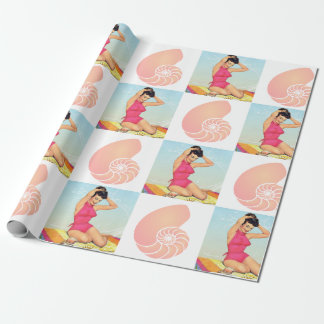 Papier Cadeau Motif de pin-up vintage de fille et de plage de