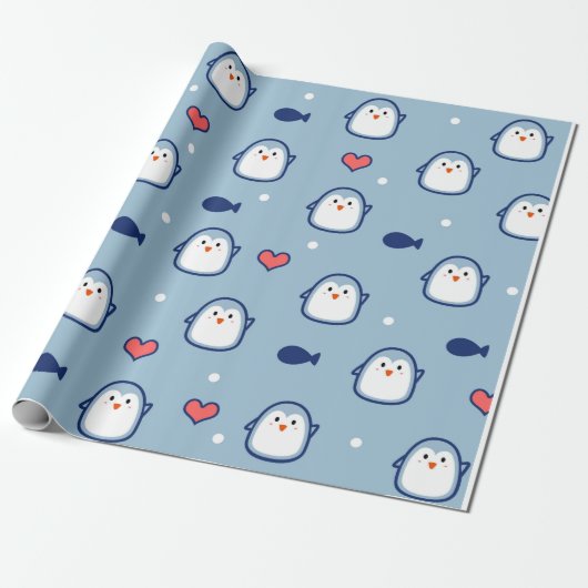 Papier Cadeau Motif de pingouin bleu clair (Déroulé)