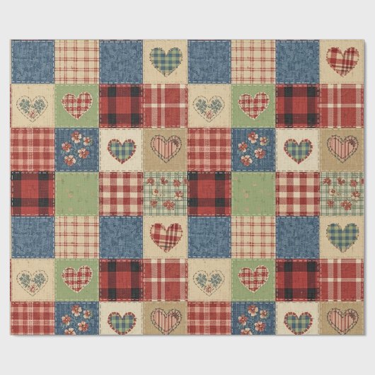 Papier Cadeau Motif de pique-nique Cœurs Patchwork Rustique (5) (Plat)
